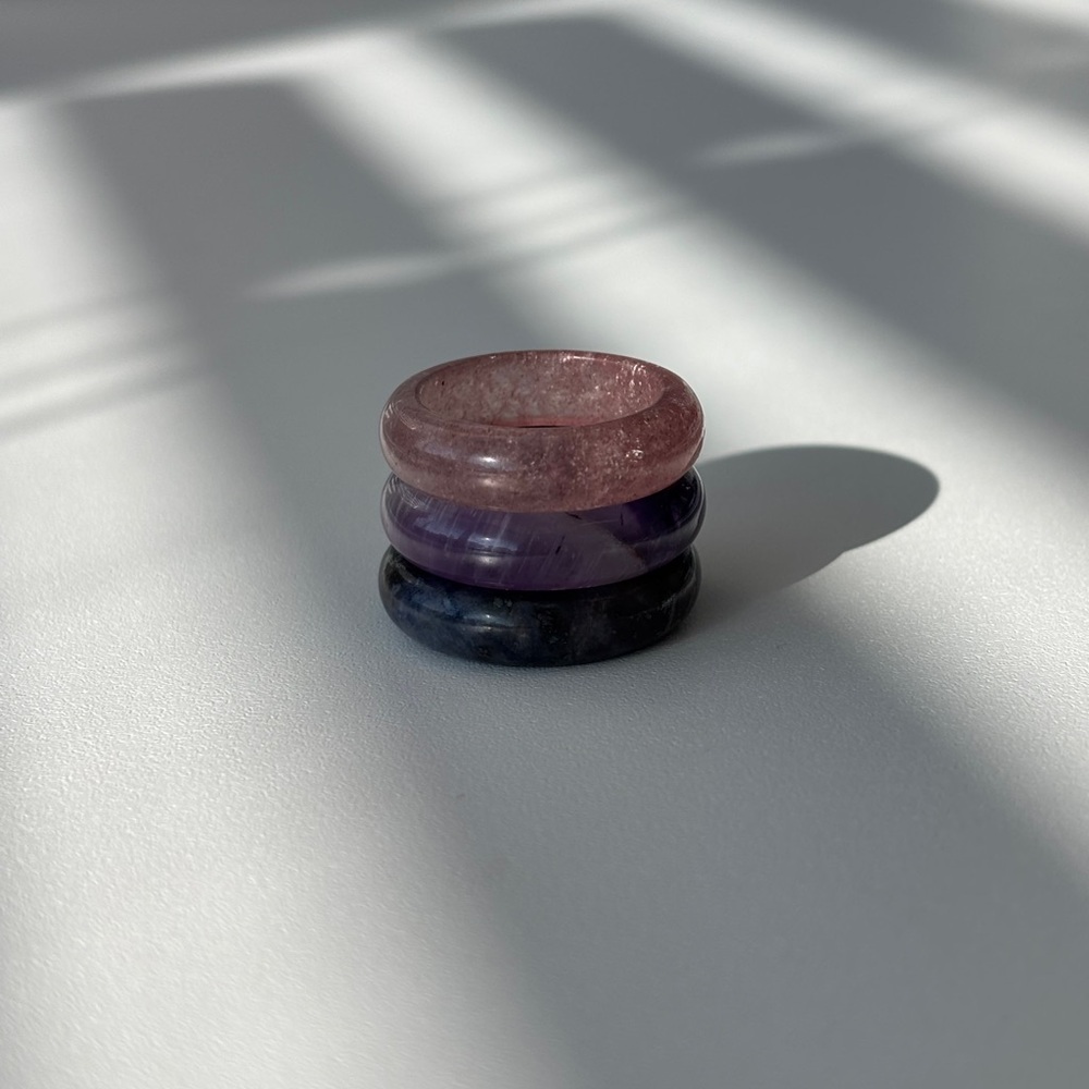 Stone Trilogy Stack Sodalite Amethyst Quartz Ring Set Of 3 Bands, Size 8